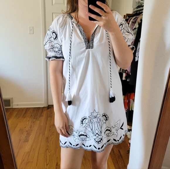 Parker Embroidered Black and White Puff Sleeve Cotton Mini Dress Small - Picture 4 of 13